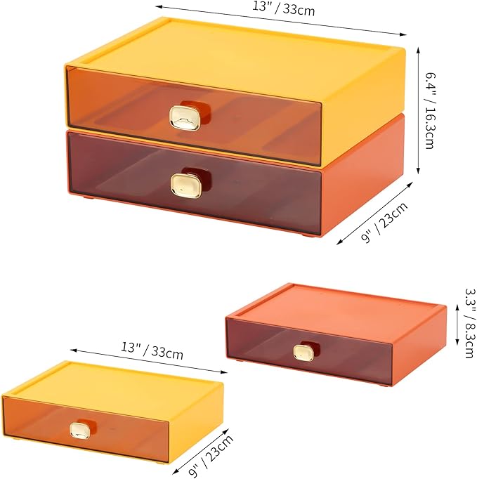 Spacious Desktop Storage Box, 2 Large Storage Drawers, Stackable Office Desk Drawer Organizer and Accessories, Printer Paper Organizer, Orange & Yellow Plastic Drawers for Workspace & Home