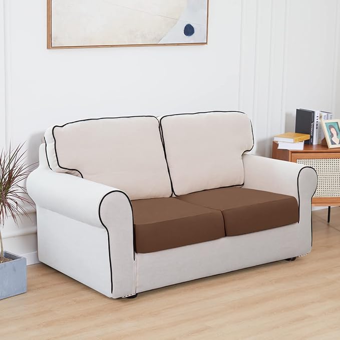 Easy-Going 100% Waterproof Chair Sofa Seat Cushion Slipcovers Couch Cushion Cover Stretch Furniture Protector for Kids, Pets (2-Piece Loveseat Cushion, Brown)