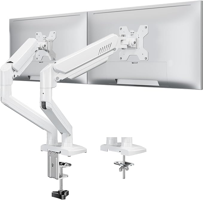 Dual Monitor Stand fits up to 32 inch, 4.4-22 lbs Computer Screens, Dual Monitor Desk Mount Height Adjustable, Monitor Arms for 2 Monitors, Home Office VESA Mounts with Gas Spring, Freelift White