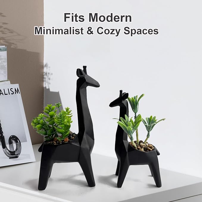 2PCS Cute Artificial Mini Succulent Plants with Creative Giraffe Shaped Pots, Desk Plant for Office Decor for Women,Small Fake Plants for Shelf Desk,Bathroom,Tabletop Decor (Black)
