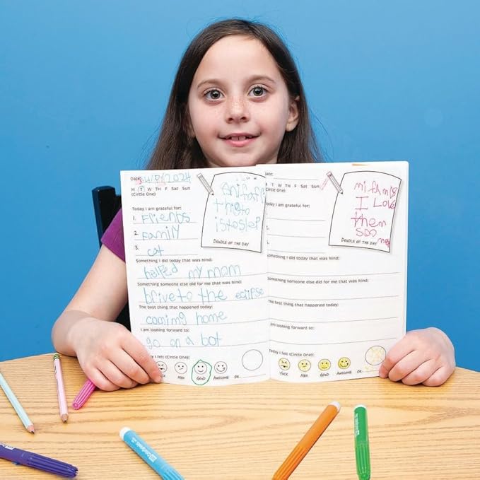 S&S Worldwide Kid's Gratitude Journal Class Pack. Undated, 100-pgs, Daily Prompts, Cover to Color, Inspiring Quotes, For Self-Esteem, Positive Thinking, Mindfulness, Resilience, Ages 5-11, 6"x9", Pk 12