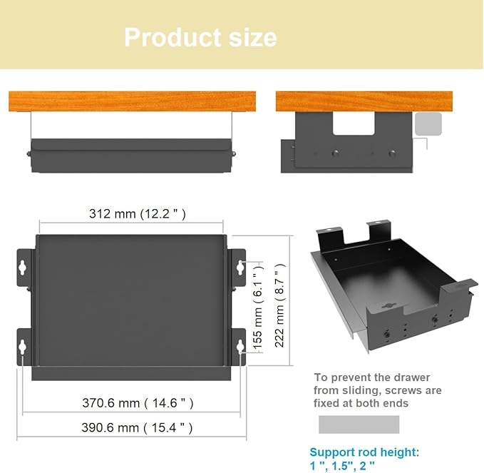 Beiyier Under Desk Sliding Drawer for Office Desk or Table, Pull-out Storage Organizer for Sit-Stand Workstation with High Crosspiece under Desktop (Black)