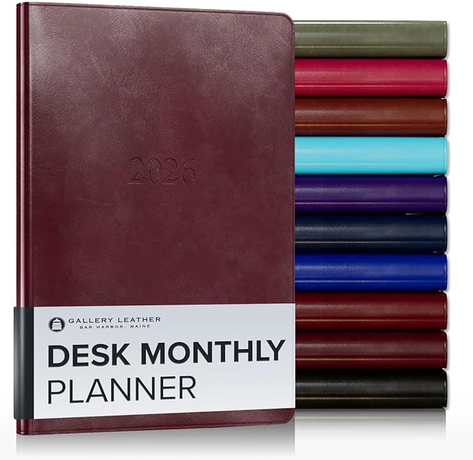 Gallery Leather Desk Monthly Planner 2025-2026, Elegantly Bound Calendar Planner and Notebook with Stylish Gold-Gilded Page Edges, 18 Months - Acadia Burgundy - 8x5.5”