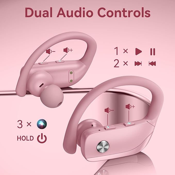 bmani Ear Buds Wireless Earbuds Bluetooth Headphones with 80H Playtime LED Display Case, Over-Ear Hook with Mic, Stereo Sound, Easy Button Controls, Sports Earphones for Running Workout Gym Pink