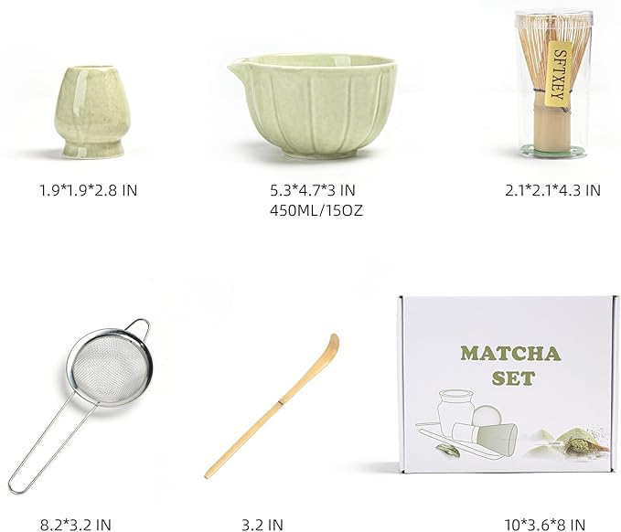 Matcha Whisk Set, Matcha Set Includes Ceramic Matcha Bowl, Bamboo Whisk, Scoop, Chasen Holder, Sifter, 5 Pcs Perfect Matcha Kit for Macha Lover (Mottled Green)