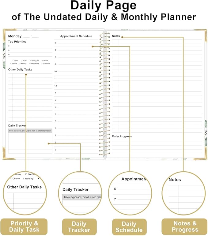 Undated Daily Monthly Planner for 2025 2026 - A4 To Do List with Hourly Schedule, Hardcover Spiral Bound Daily Planner to Increase Focus, Stylish School/Office Supplies, 8.5" x 11", Green Leaf