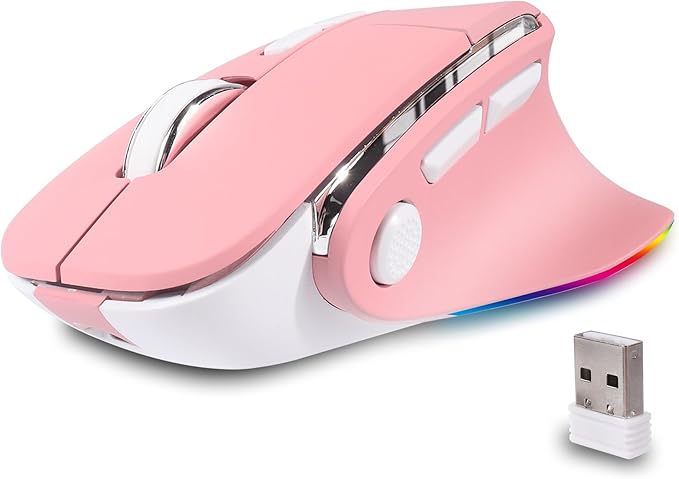 Ergonomic Mouse Jiggler,Bluetooth Vertical Wireless Mouse,LED Rechargeable Optical Computer Mice, Portable(BT5.2 or USB 2.4GHz) Dual Mode,1000/1600/2400 DPI,8 Buttons for Laptop,PC,Macbook (pink)