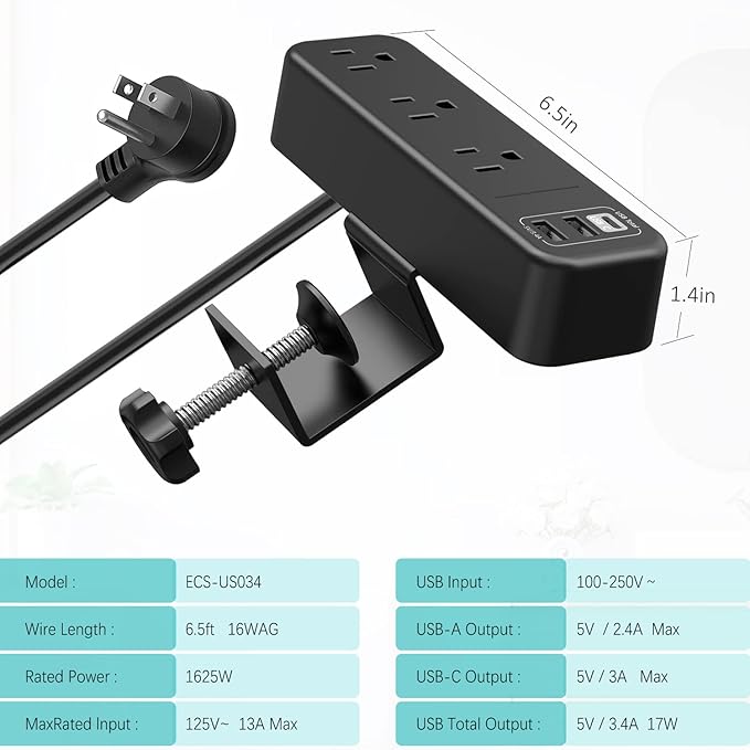Desk Clamp Power Strip with USB C, 3 Outlet Desktop Mount Power Station Removable Clamp Socket with 6.5 ft Extension Cord, Fit 1.7 inch Tabletop Edge
