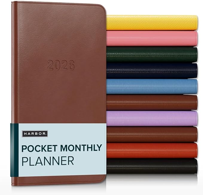 Harbor Pocket Monthly Planner 2025-2026, Calendar Planner and Notebook, Durable Faux Leather, 18 Months, 96 Pages, Softcover & Lightweight - Cambridge Cognac - 6 x 3.25 "