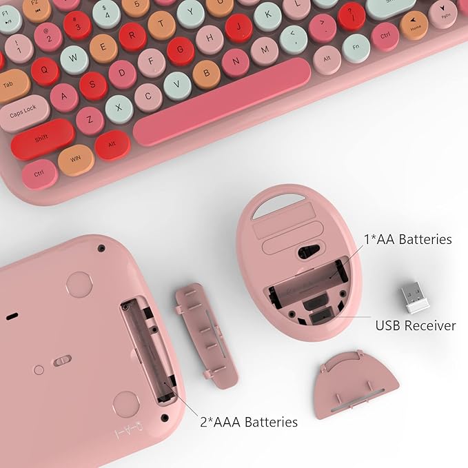 MOFii Wireless Keyboard and Mouse Combo, Retro Typewriter Keyboard with Multi-Media Function Keys and Number Pad Compared for PC Computer Windows (Pink Colorful)