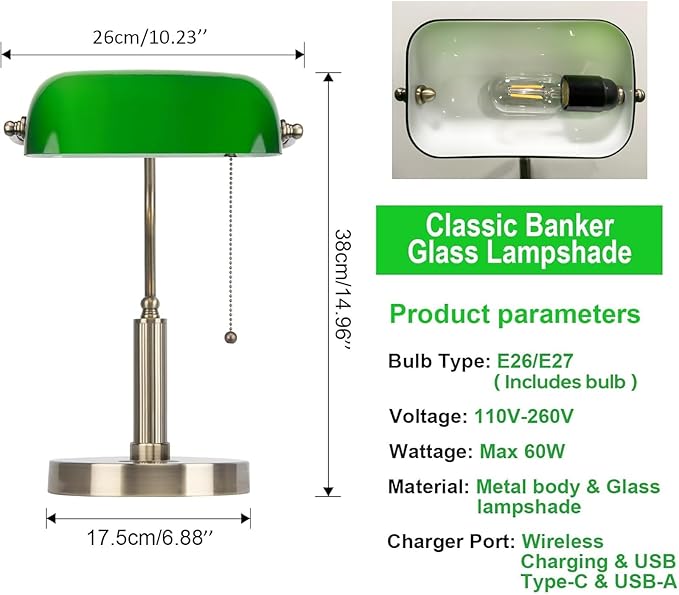 FIRVRE Glass Bankers Desk Lamp with Wireless Charger, 2 USB Charging Port, Vintage Desk Lamp with Pull Chain Switch, Retro Table Lamps for Home Office, Piano, Library (Bulb Included)