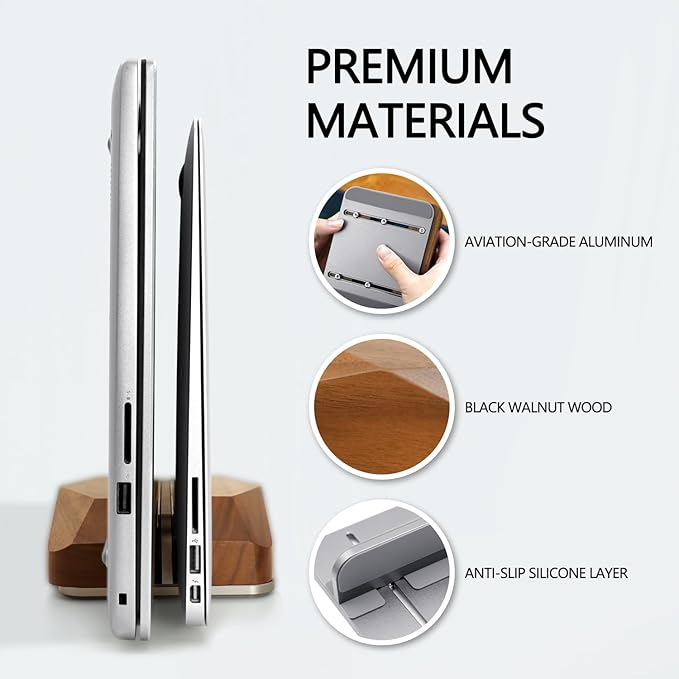 GEVO Dual Laptop Holder Vertical Laptop Stand, Natural Wood, Adjustable Dock, Wooden Laptop Stand, Vertical Laptop Holder for Desk, Widen Dock Fits All MacBook/Surface Pro 2 Devices (Black Walnut)