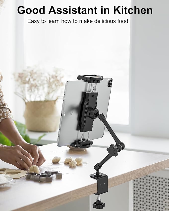 Kitchen Cabinet Tablet Mount - [Metal Adjustable Arm] Under Counter Tablet Holder for Desk Bed Stand with 1.26" Depth Large Clamp for iPad Pro 13 Air Mini, Galaxy, Fire, Switch, iPhone, 6-15.6" Device
