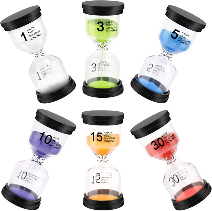 Sand Timer, Hourglass Sand Timers Colorful 1/3/5/10/15/30 Minutes Sandglass Timer with Protective Cover for Classroom Home Office Cooking (Pack of 6)