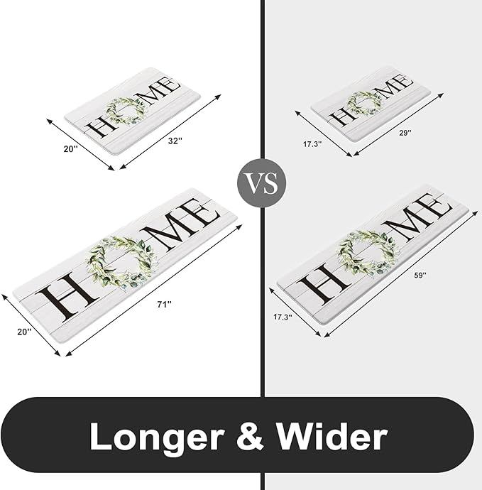 KIMODE Kitchen Anti Fatigue Rug Set of 2, Ergonomic Standing Kitchen Mat Set 2PCS, Farmhouse Kitchen Runner Stain Resistant, Non Slip Waterproof Kitchen Mats for Floor, 20" x 71" + 20" x 32", White