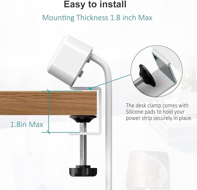 Desk Clamp Power Strip with USB C, 3 Outlets Desktop Mount Power Station with 6.5 ft Plug Extension Cord, White