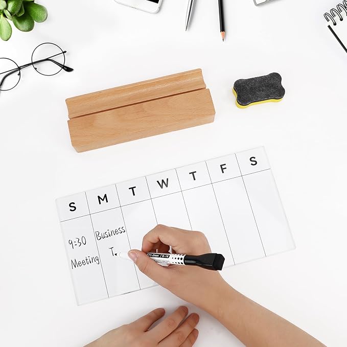 Desktop Glass Weekly Whiteboard with Detachable Wood Stand Weekly Dry Erase Board Weekly Calendar Whiteboard Weekly Planner to Do List White Board Desk Planner 11.8x5.86" for Office, Home, School