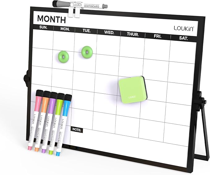 Loukin 17"x12" Dry Erase Calendar,Magnetic Desktop Whiteboard with Stand, Reusable Whiteboard Planner Schedule for Desk, Office, Classroom, 6 Markers & 4 Magnets& 1 Eraser Included