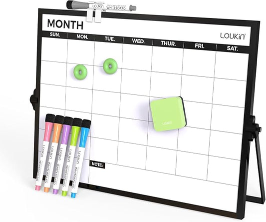 Loukin 17"x12" Dry Erase Calendar,Magnetic Desktop Whiteboard with Stand, Reusable Whiteboard Planner Schedule for Desk, Office, Classroom, 6 Markers & 4 Magnets& 1 Eraser Included