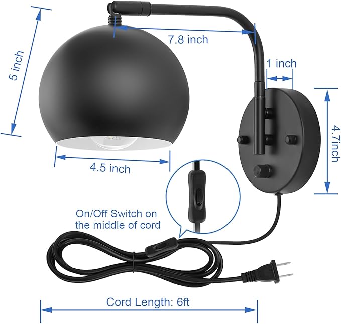 Dimmable Wall Sconces Set of 2, Plug in Wall Sconces Swing Arm Wall Lights with Plug in Cord and Dimmer On/Off Knob Switch, Black Globe Wall Light for Bedside Bedroom Bathroom(2 Bulbs Included)