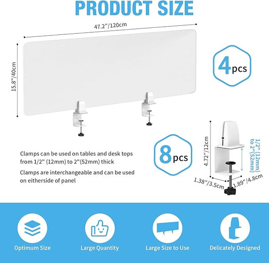 Desk Divider 4 Pcs Desk Privacy Panel 47.2''L x 15.8W'' Office Partitions Frosted Acrylic Panel Pack of 4 Desk Divider Partition with Adjustable Universal Base