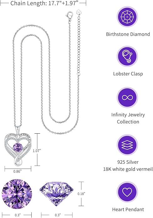 Jewelry for Women Wife Infinity Heart Birthstone I Love You Necklace S925 Anniversary Women Necklaces for Her Wife Birthday Gift Ideas, Birthday Present for Girlfriend Mom Daughter Sterling Silver