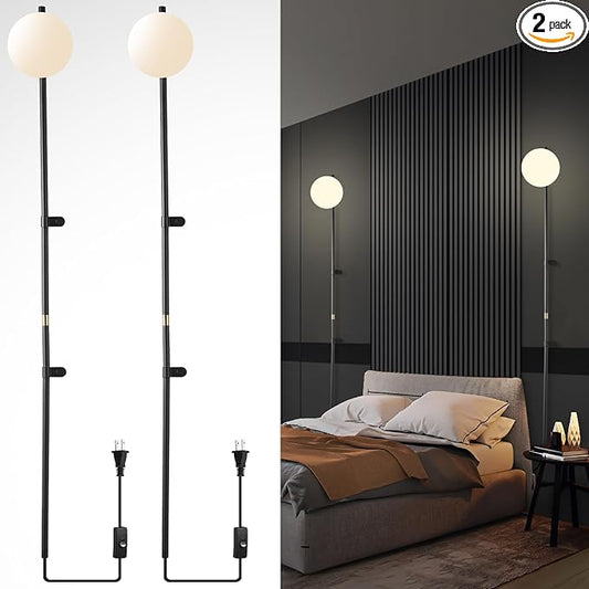 Long Wall Sconces Set of Two, Plug in Wall Sconces Globe Shade Indoor Wall Light, Wall Mounted Lamp with Plug in Switch, Wall Lamp for Bedroom Living Room Study Hallway Bedside Corner