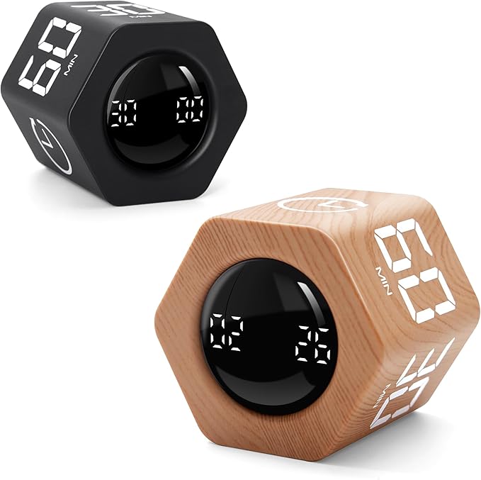Productivity Timer 1, 5, 10, 30, 60 Minutes Preset, Desk Cube Timer with Gravity Sensor/Mute/Vibration for ADHD, Work, Study, Kitchen, Back to School (2, Wood Grain＆Black)