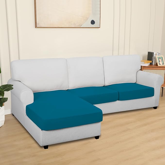 Easy-Going 100% Waterproof 3 Pieces Couch Cushion Covers for Sectional Sofa Left/Right L Shape Chaise Lounge Sofa Seat slipcover Anti-Slip Sofa Cover (2 Seater + 1 Chaise, Peacock Blue