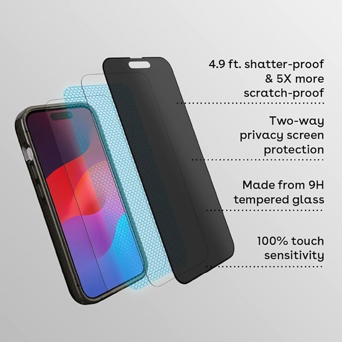 CASETiFY Impact Privacy Screen Protector [Strengthened 9H aluminosilicate glass, applicator included] for iPhone 15 Pro