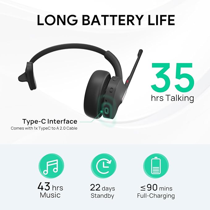 Yealink BH70 Mono Teams Wireless Headset with Mic for Work, Microsoft Teams Certified Bluetooth Headphone for 35h Calling, 91g All-Day Wearing Comfort, Perfect for Open Office, USB-C/A