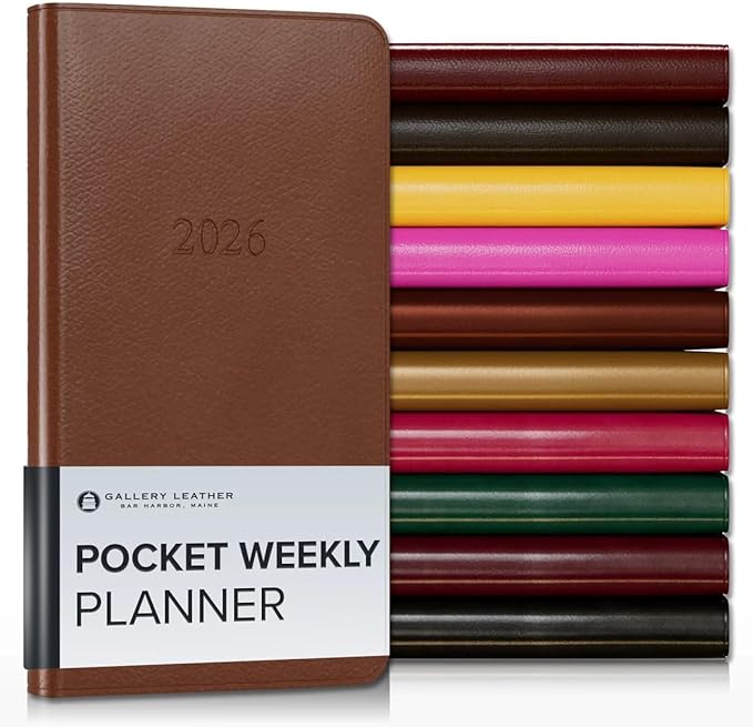 Gallery Leather Pocket Weekly Monthly Planner 2025-2026, Elegantly Bound Calendar Planner and Notebook with Stylish Gold-Gilded Page Edges, 12 Months - Monhegan Saddle - 6 x 3.25 "