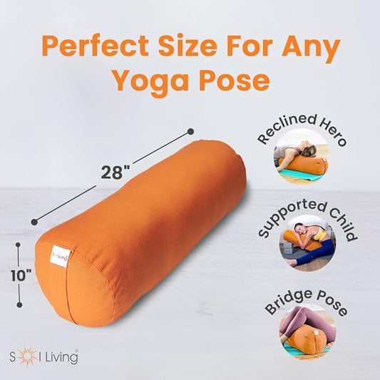 Sol Living Yoga Bolster Pillow for Restorative Meditation - 100% Cotton Cylindrical Cushion with Washable Cover for Balance Support in Asana Poses