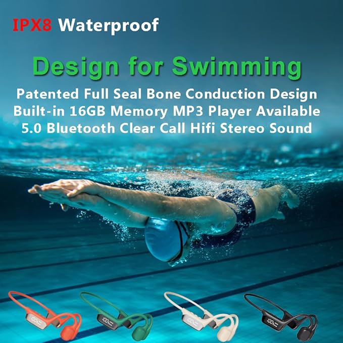 AYI True Bone Conduction Swimming Headphones with Bluetooth 5.4 & MP3 Player Mode 32GB Built-in Memory IPX8 Waterproof Screen Display Pain-Free Open-Ear Earphone for Sport and Work-Black