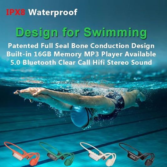 AYI True Bone Conduction Swimming Headphones with Bluetooth 5.4 & MP3 Player Mode 32GB Built-in Memory IPX8 Waterproof Screen Display Pain-Free Open-Ear Earphone for Sport and Work-Black