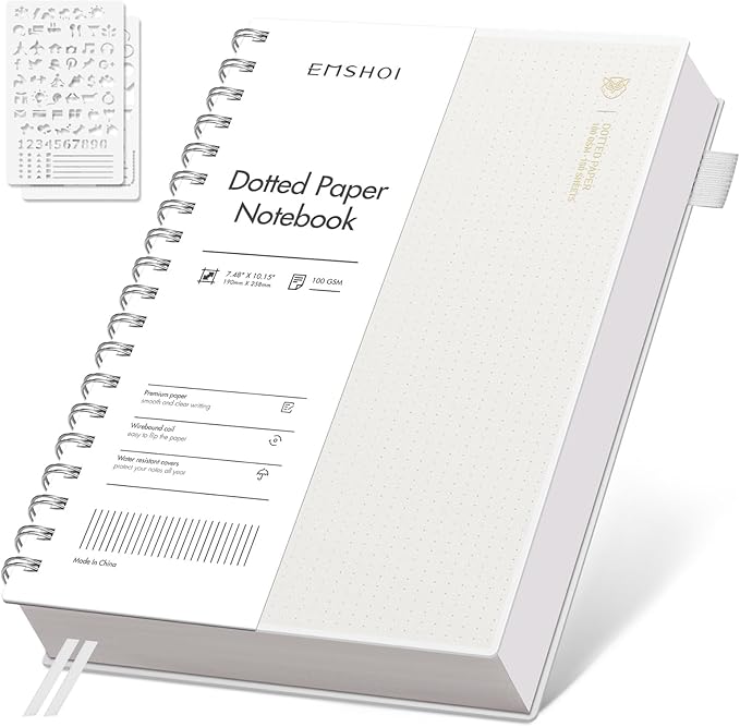 EMSHOI B5 Spiral Dotted Notebook - Bullet Dot Grid Journal with 300 Pages of 100gsm Thick Paper, Waterproof Softcover Notebook for School, Work & Writing - 7.48”x10.15”, Transparent