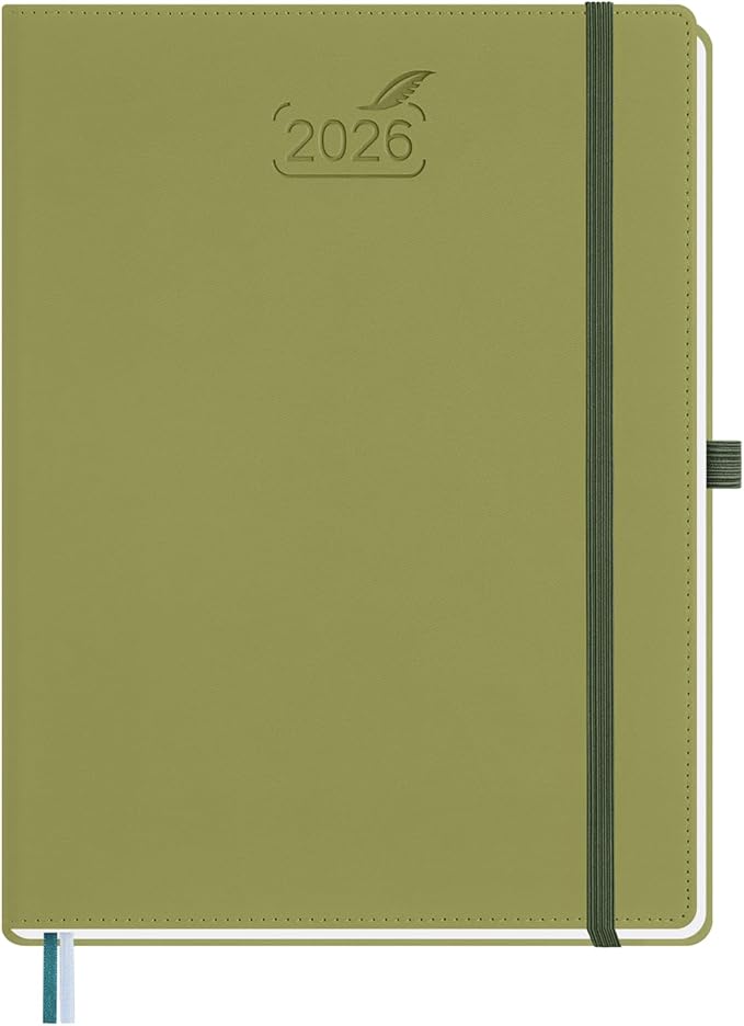 BEZEND 2026 Planner Weekly and Monthly (8.5" x 11") Daily Calendar with Half-Hourly Timeslots & Tab (Jan-Dec) Note & Expenses, Pen Holder, Inner Pocket, Vegan Leather Hardcover - Kiwi