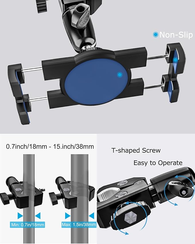 Aluminum Spin Bike Tablet Mount Camera Clamp, Handlebar Clip Tablet Holder for Exercise Bicycle, Indoor Treadmill, Stationary Bike for iPad Pro 12.9, Air, Mini, iPhone, Fire HD, e-Books, 4-13" Devices