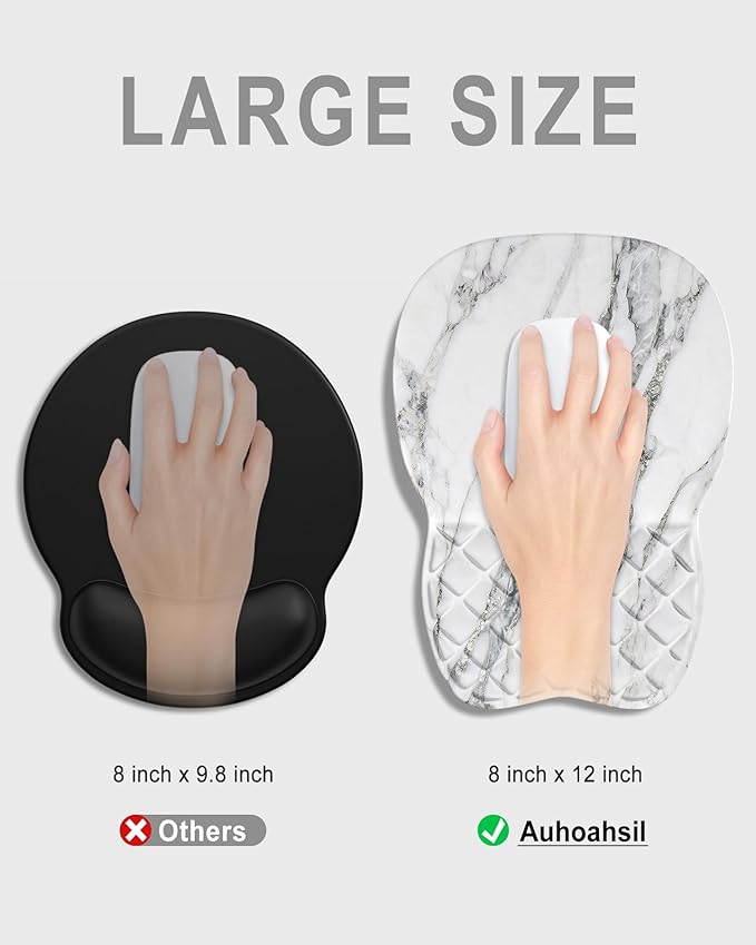 Auhoahsil Ergonomic Mouse Pad with Wrist Rest, Comfortable Slope Computer Mouse Mat with Wrist Support, Memory Foam Filling, Non-Slip Silicone Base, Pain Relief for Gaming Work, 8" x 12", White Marble