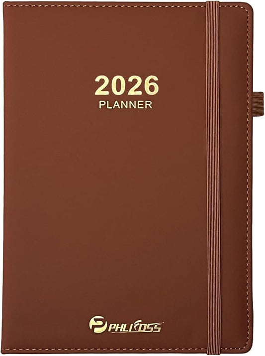 Daily Planner 2026 / Appointment Book, One Page Per Day, Jan - Dec 2026, Annual Daily Monthly Calendar Planner with Hourly Schedule and Monthly Tabs, 5.7" x 8.3" Agenda (Brown)