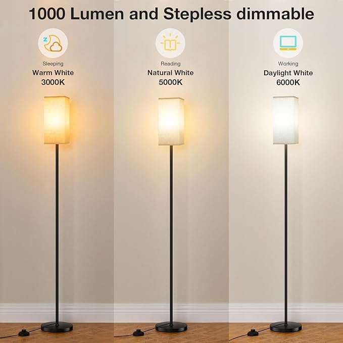 Ambimall Floor Lamps for Living Room & Remote Control, 9W Stepless Dimmable Bulb, Foot Switch, 64'' Tall Standing Lamp, Beige Lampshade(Black)