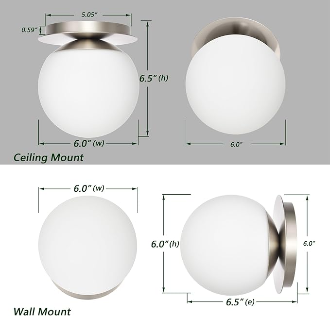 Wall Sconces, 1 Light Modern Globe Sconce in Brushed Nickel, Wall Light for Bedroom Bathroom Living Room & Hallway Vanity Lighting, Ceiling Light Fixture