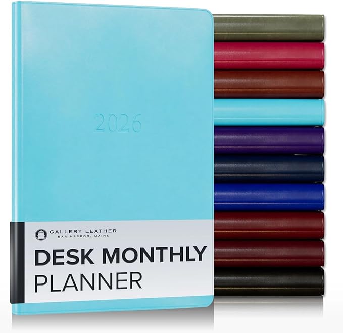 Gallery Leather Desk Monthly Planner 2025-2026, Elegantly Bound Calendar Planner and Notebook with Stylish Gold-Gilded Page Edges, 18 Months - Acadia Pool - 8x5.5”
