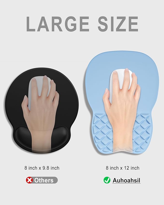 Auhoahsil Ergonomic Mouse Pad with Wrist Rest, Comfortable Slope Computer Mouse Mat with Wrist Support, Memory Foam Filling, Non-Slip Silicone Base, Pain Relief for Gaming Work, 8" x 12", Light Blue