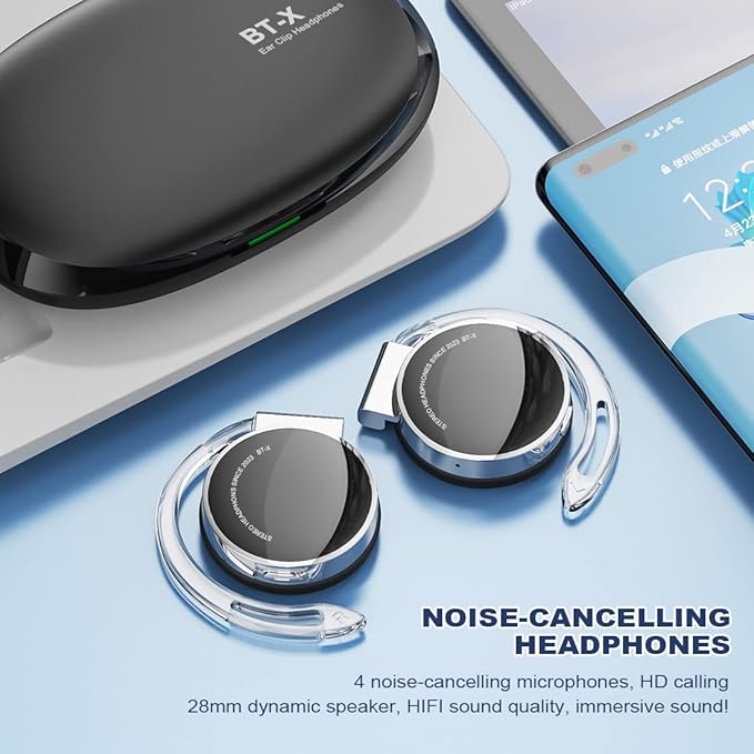 On Ear Headphones Bluetooth V5.3, Clip on Headphones Wireless, Open Ear Headphones with Earhooks, Sports Headset Bluetooth with 4 Microphones, Noise Cancelling/Long Battery Life/with Charging Case