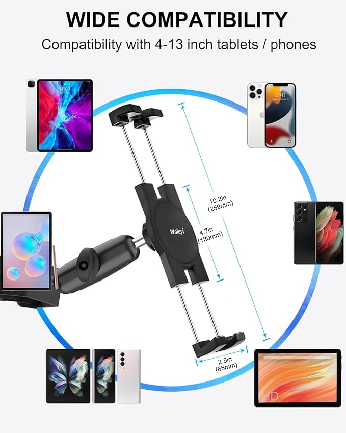woleyi Golf Cart Tablet Holder Mount, 360° Adjustable, Metal Wider Clamp Arm for ZGO/Club Car/Yamaha/Other Golf Carts, for 4.7-13" Device Like iPad Pro, Air, Mini, iPhone, Galaxy Tabs, Z Fold, Fire HD