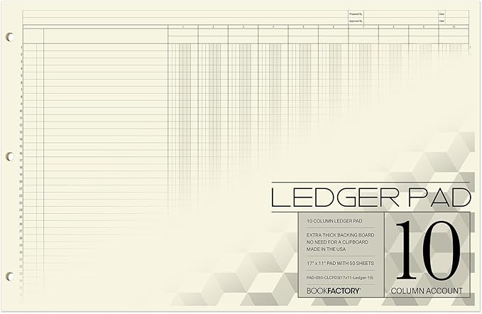 BookFactory Ledger Pad/Large 10 Column Accounting Ledger Columnar (Ten Columns) Pads - 17'' x 11'', 50 Pages, Notepad Landscape Format (PAD-050-CLCPD3(17x11-Ledger-10)-AX)