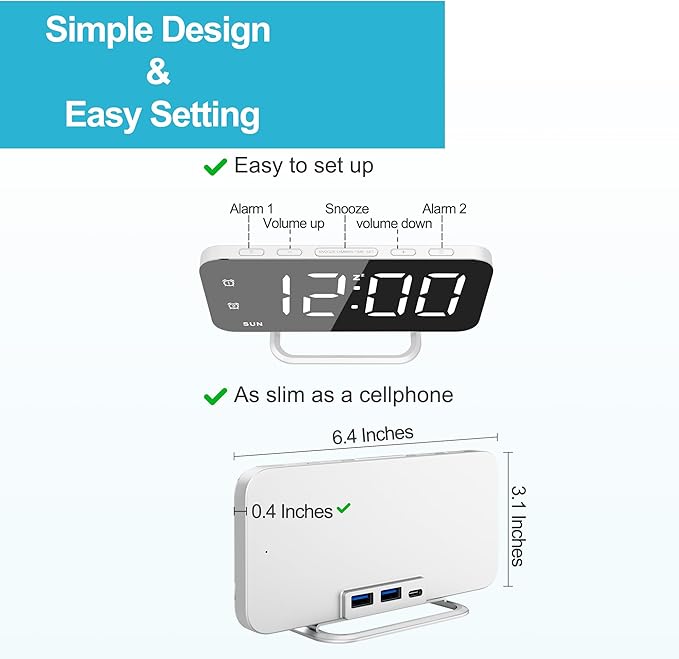 Slim LED Digital Alarm Clock, Mirror Surface for Makeup, with Diming, Large Display, Easy Setting, USB Ports, Modern Decor for Bedroom, Desk, Christmas, Birthday Gift for Women, Daughter, Girl, White