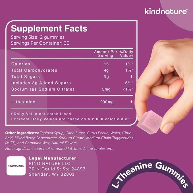 kindnature L-Theanine Gummies 200mg – Vegan Calm & Focus Supplement for Adults & Kids Ages 4+ – Mixed Berry Chewable, Low Sugar, Non-Drowsy*
