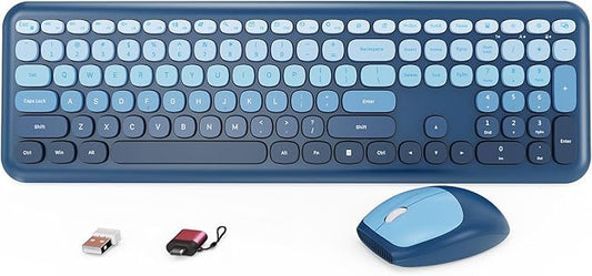 HotFox Wireless Keyboard and Mouse Combo, Full-Size Retro Typewriter Keyboard with Round Keycaps, Ergonomic Design for Windows PC, Home and Office Use -Blue